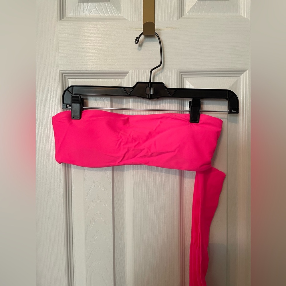 Hot pink bandeau bikini top with a tie strap